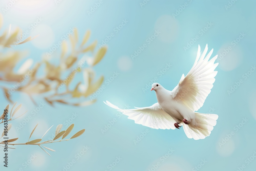White dove is soaring gracefully against a serene blue sky, carrying an olive branch, a timeless symbol of peace and hope White dove is soaring gracefully against a serene blue sky, carrying an olive branch, a timeless symbol of peace and hope