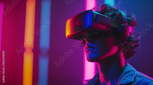 Young guy wearing Gaming VR headset futuristic technology in pink blue neon background photo