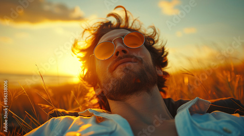 young man enjoying the sun wearing shades near the beach with closed eyes photo