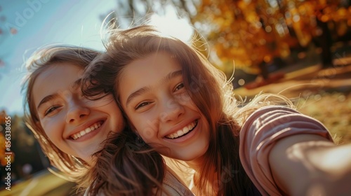Young Teenage Girls Take A Selfie Outdoors, Their Faces Glowing With Joy