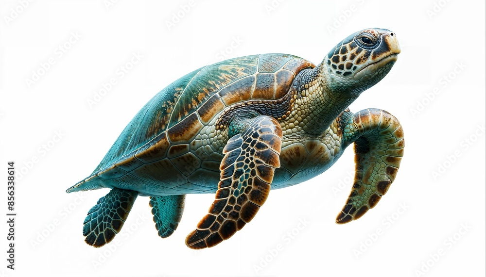 Fototapeta premium Close-up of a green sea turtle swimming gracefully against a plain white background