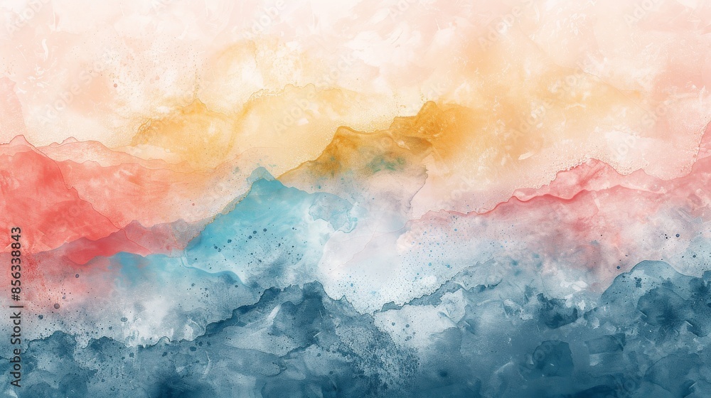 The image shows a watercolor painting of a mountain landscape. The mountains are depicted in shades of blue and purple, with a pink sky and yellow foreground. The image shows a watercolor painting of a mountain landscape. The mountains are depicted in shades of blue and purple, with a pink sky and yellow foreground.