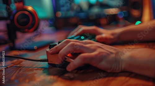 Close-up of a midi controller on a wooden desktop, male hands pressing white, green and red keys on it. On a blurred background of the wall and headphones photo