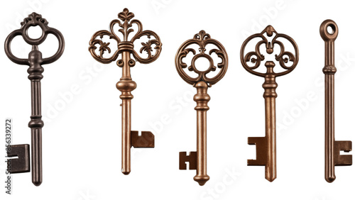 set of antique keys isolated on white background , transparent png image
