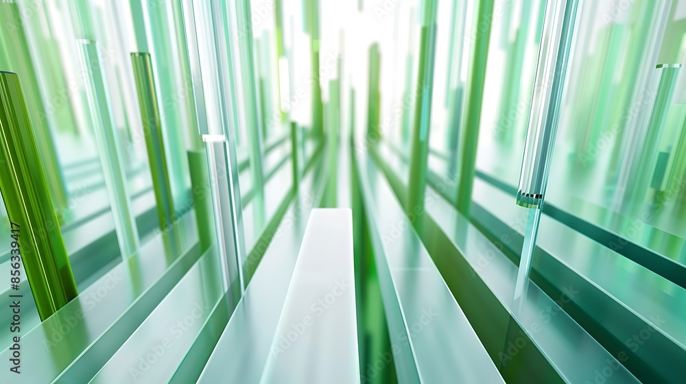 Abstract green striped ramp moving up in perspective on white ...