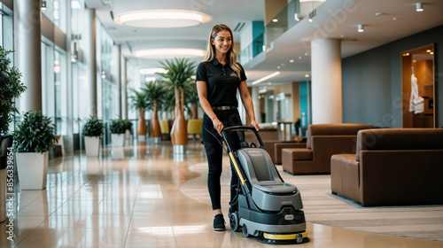 Cleaning lady is using floor scrubber and dryer machine in office hallway