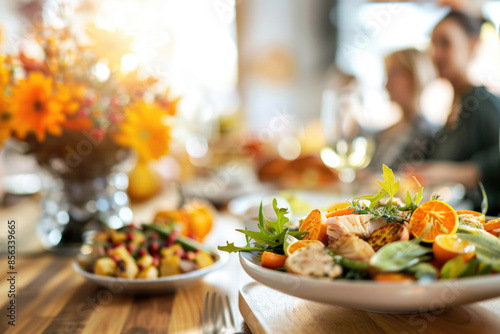 Thanksgiving family vegan lunch, with autumn decoration and plenty of healthy food on the table, with blurred happy people around the table celebrating the holiday.