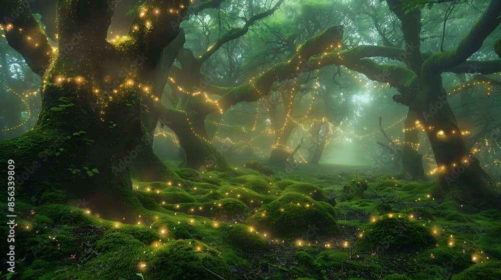 Fototapeta premium Magical Enchanted Forest with Sunlight Filtering Through Lush Greenery and Misty Fog Creating a Mystical Atmosphere