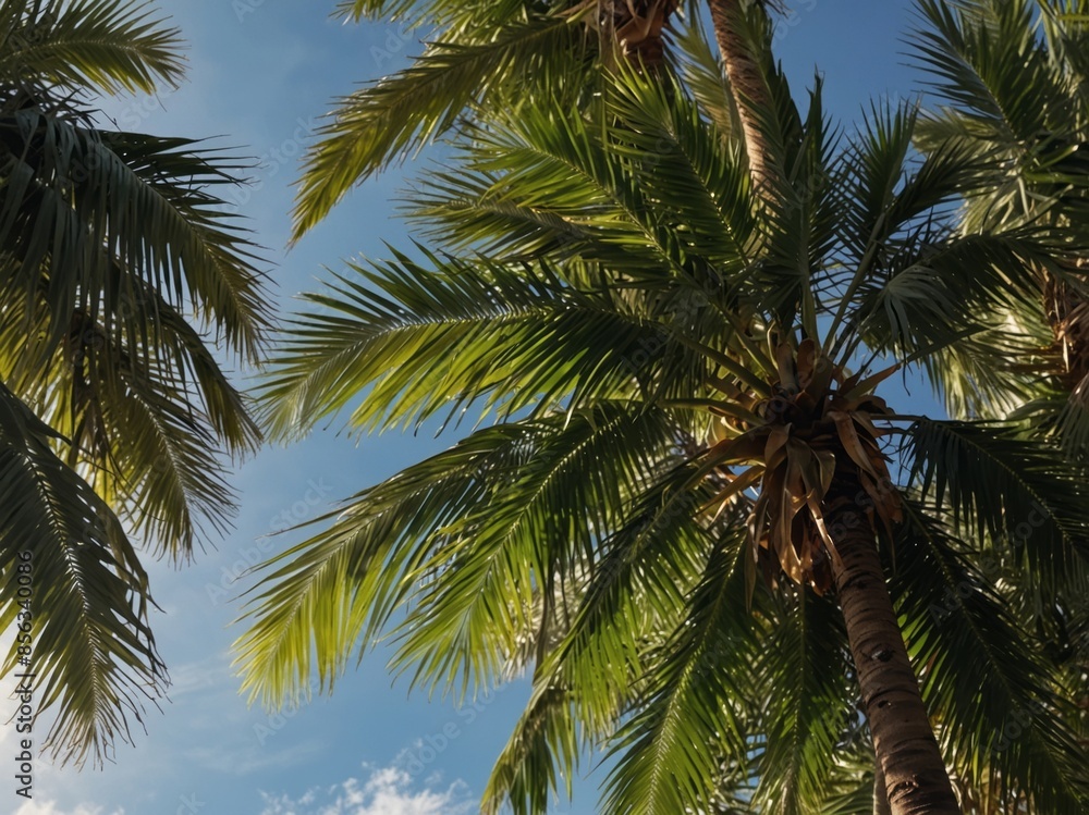 Tropical green palm leaves and branches on blue sky with copy space Sunny day, summer concept Sun over palm trees Travel, holiday background Banner. Tropical green palm leaves and branches on blue sky with copy space Sunny day, summer concept Sun over palm trees Travel, holiday background Banner.