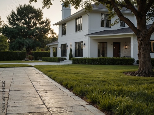 White modern house home beautiful farmhouse cottage transitional classic architecture view of exterior front lawn and paved driveway.