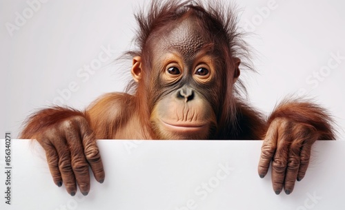 Cute young orangutan playfully holds a blank sign, looking directly at us with big brown eyes, its furry face and smile captivating photo