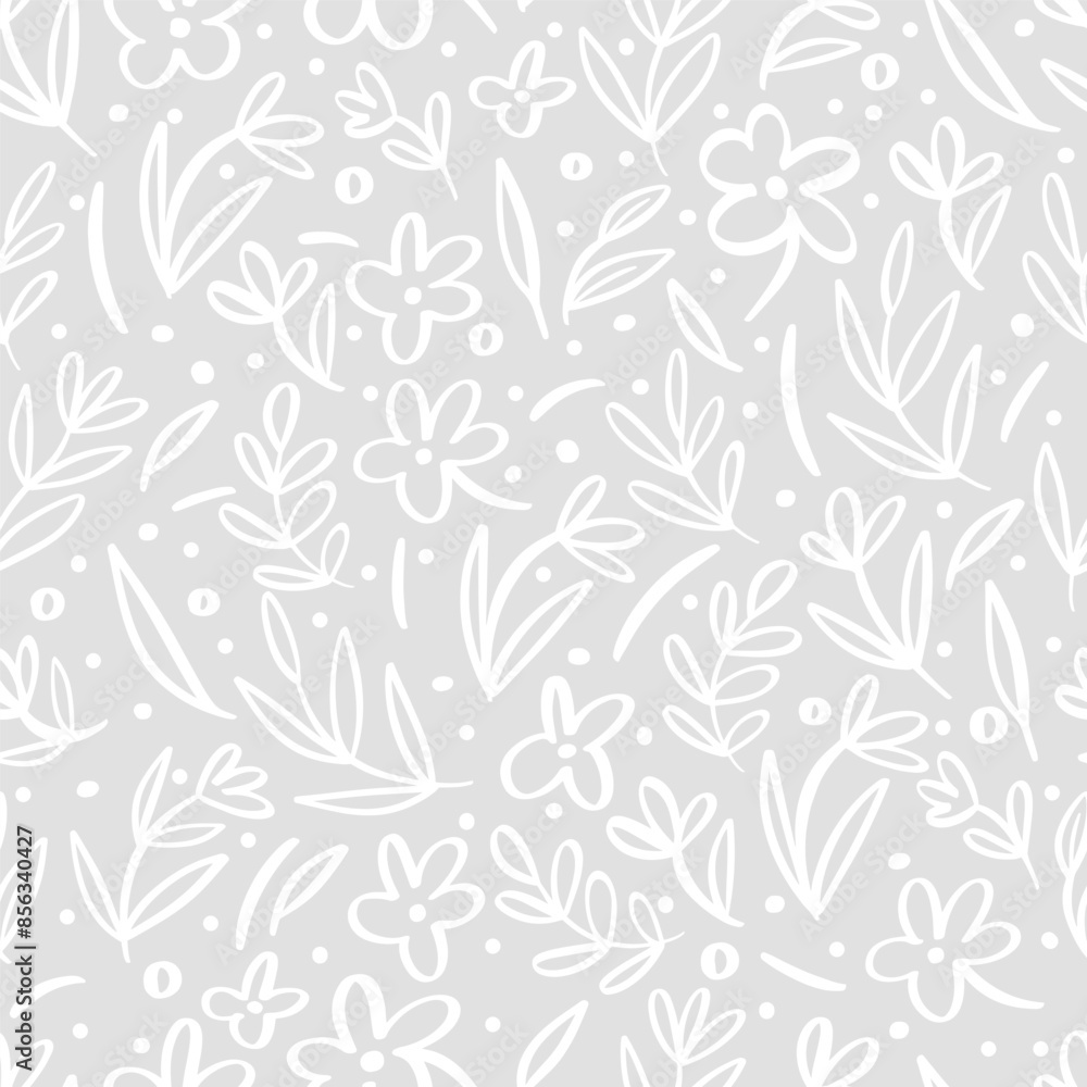 vector seamless background with cute white flowers and leaves on grey background vector seamless background with cute white flowers and leaves on grey background