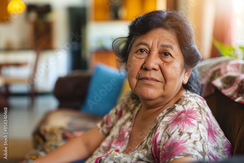 Mature hispanic woman with dark hair and brown eyes sits on a comfortable sofa in her home, enjoying a peaceful moment photo