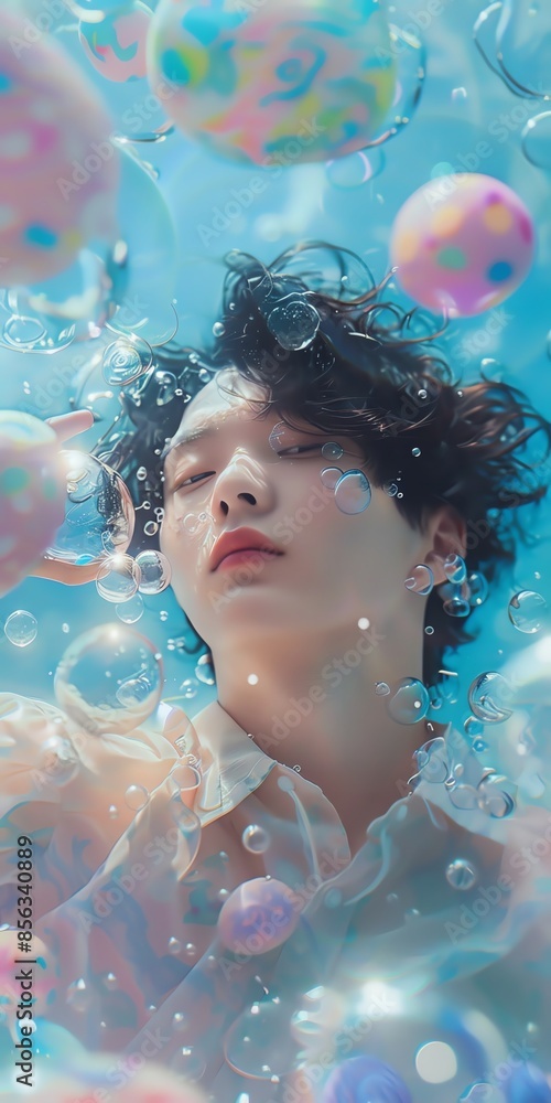 Capture a slow shutter speed, extreme angle closeup shot of a Korean male idol floating with melting candy friends Capture a slow shutter speed, extreme angle closeup shot of a Korean male idol floating with melting candy friends