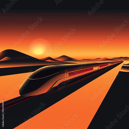 A futuristic train speeding through a desert landscape photo