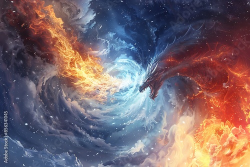 A fusion of a dragona??s breath with a blizzard, creating a whirlwind of fire and ice photo