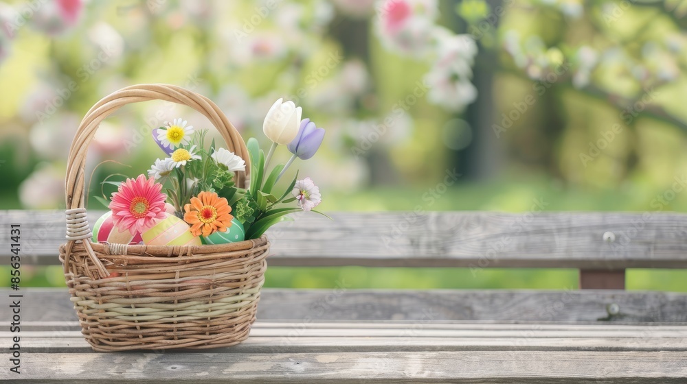 A wicker basket filled with colorful Easter eggs and spring flowers sits on a wooden table against a blurred background of blooming trees. A wicker basket filled with colorful Easter eggs and spring flowers sits on a wooden table against a blurred background of blooming trees.