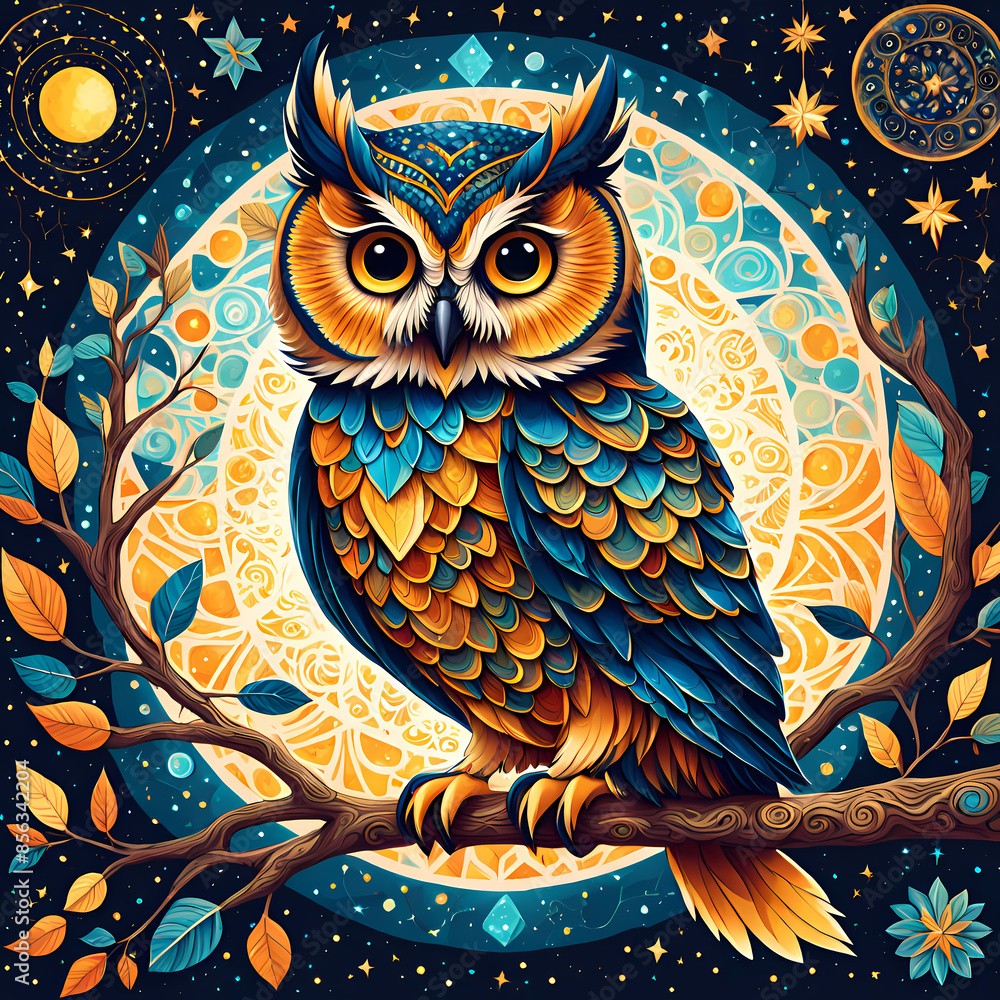 Naklejka premium a colorful owl nestled on a branch against the starry night sky