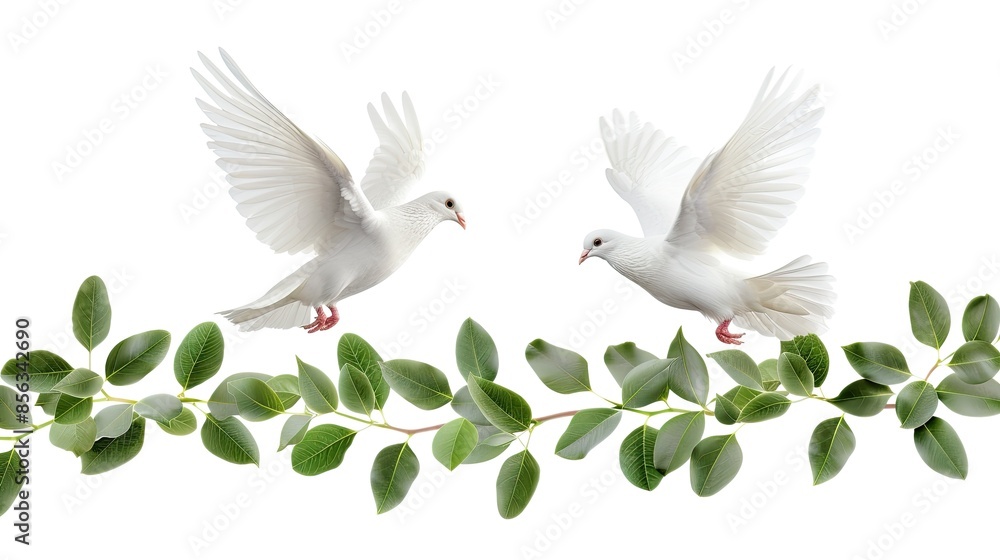 Obraz premium Two white doves fly with their wings spread, near green leaves, on a white background
