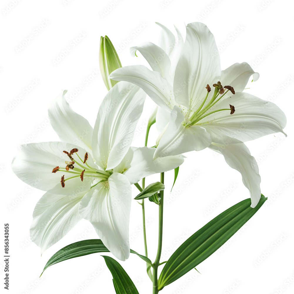 Fototapeta premium Fresh White Lilies with Green Leaves, isolated on transparent background.