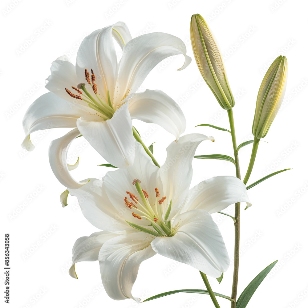 Pure White Lilies with Buds on Stem, isolated on transparent background. Pure White Lilies with Buds on Stem, isolated on transparent background.