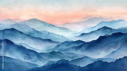 The watercolor painting shows blue mountains in the distance with a pink sky and white clouds. photo