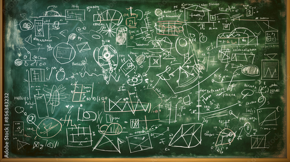 Chalkboard covered in complex equations and symbols, partially erased, upper third copy space Chalkboard covered in complex equations and symbols, partially erased, upper third copy space