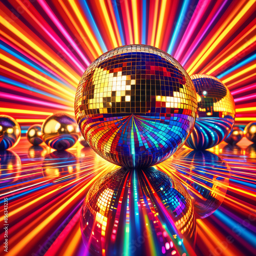 A disco ball surrounded by multiple smaller disco balls, all set against a vibrant and colorful background. photo