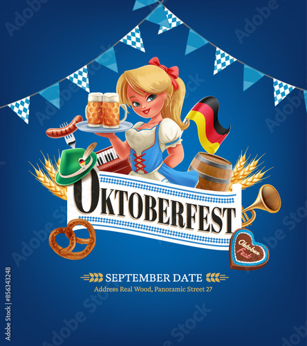 oktoberfest banner icon set and girl with beer