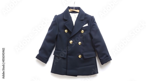 Stylish navy blue boys' tuxedo with gold buttons on a solid white background.