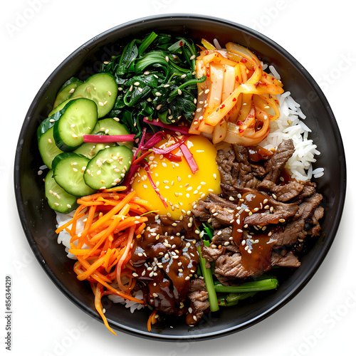 korean bibimbap bowl with galbi beef and pickled vegetables shot from top view and isolated isolated on white background, detailed, png photo