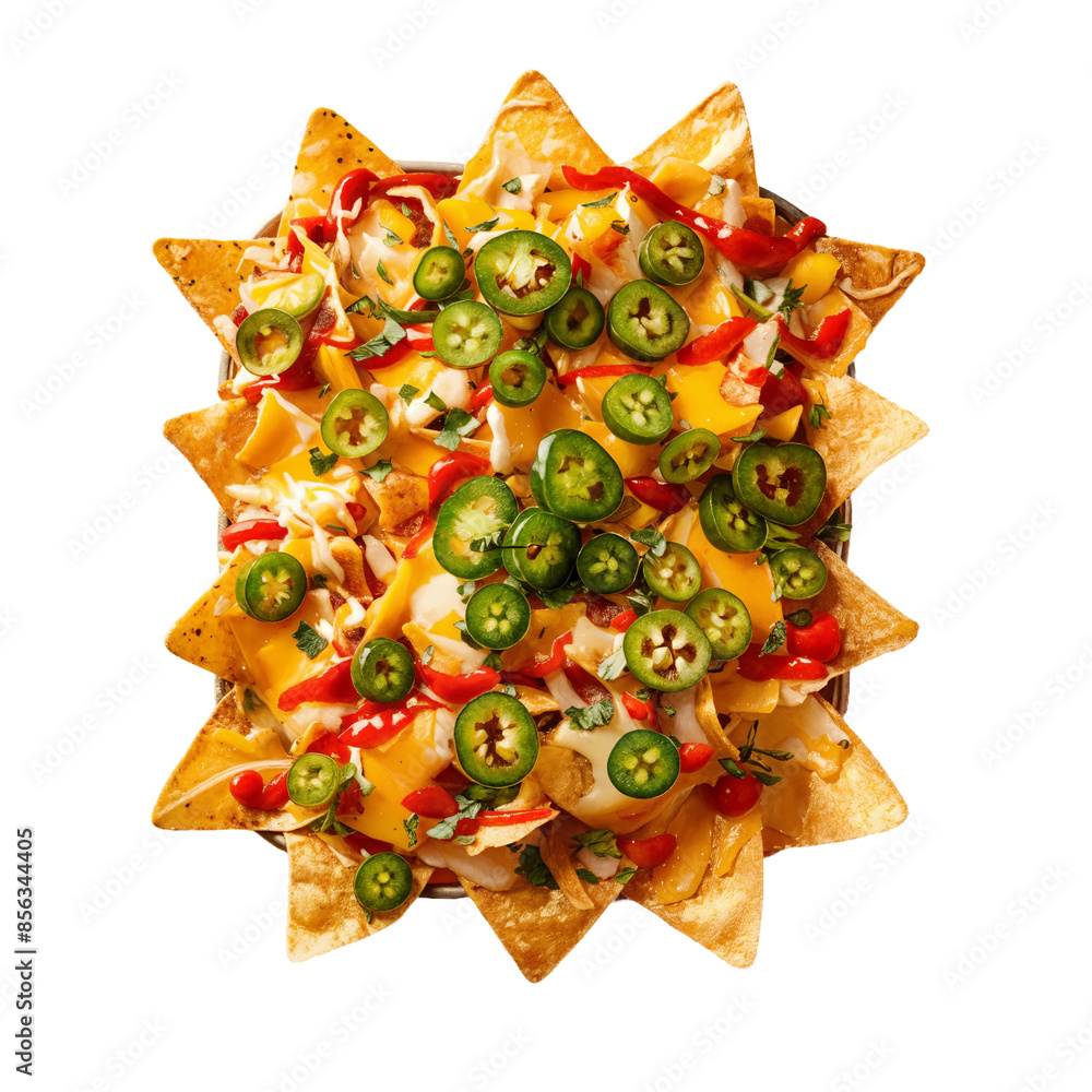 Plate of Nachos with Cheese, Jalapenos, and Red Peppers, isolated on transparent background. Plate of Nachos with Cheese, Jalapenos, and Red Peppers, isolated on transparent background.