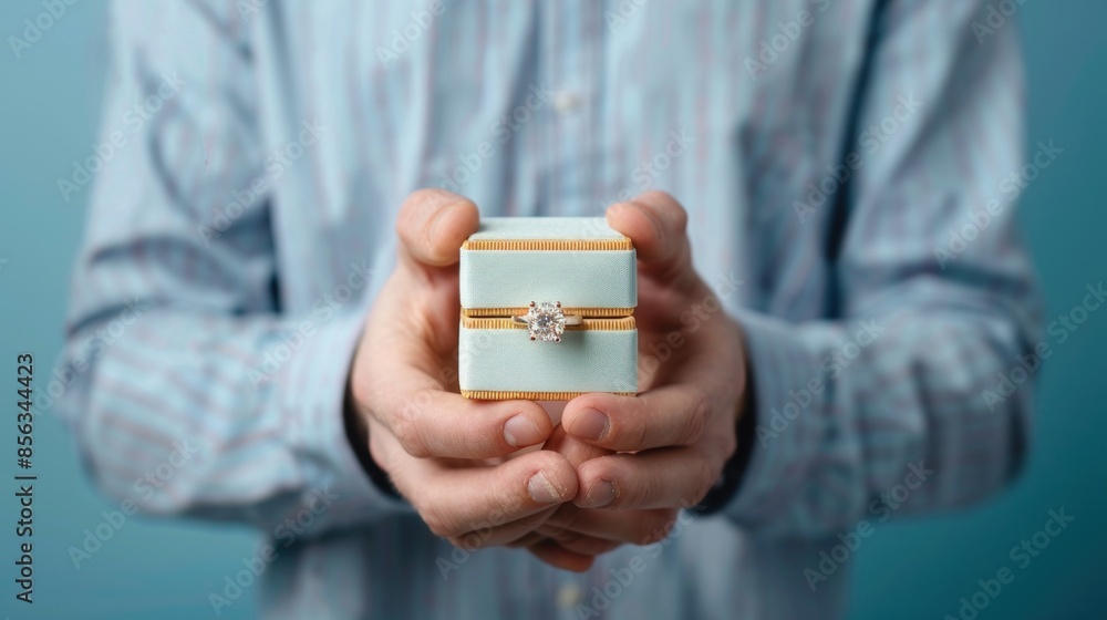 Fototapeta premium Man holding box with engagement ring on blue background