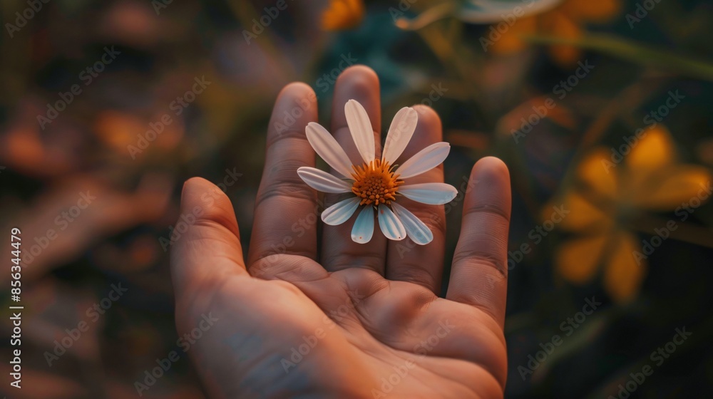 A close up of a hand holding a single, delicate flower, against a blurred background A close up of a hand holding a single, delicate flower, against a blurred background