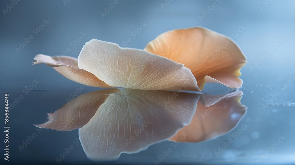 A close up of a single, delicate flower petal on a smooth, reflective surface A close up of a single, delicate flower petal on a smooth, reflective surface