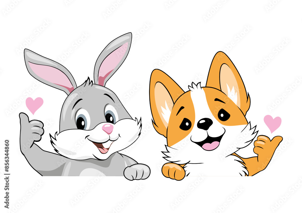 Obraz premium Happy rabbit and welsh corgi dog