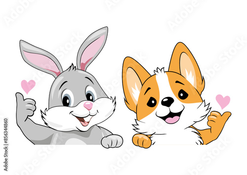 Happy rabbit and welsh corgi dog