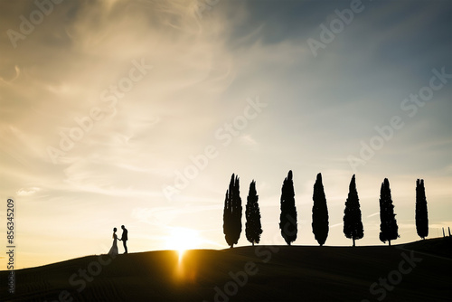 newlyweds at sunset on the Crete Senesi near a group of cypresses