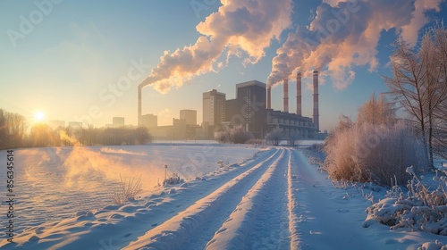 A large industrial plant is spewing smoke into the air. The sky is hazy and the sun is setting. The scene is bleak and ominous, with the smoke and the setting sun creating a sense of impending doom photo