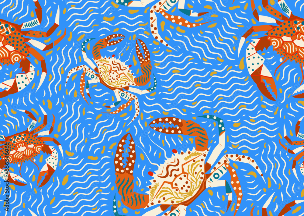 Nautical crabs and waves seamless pattern, bright colors dopamine design in blue, red, orange, green, beige. Geometric art elements on organic shapes background for wallpaper, dressing, home decor Nautical crabs and waves seamless pattern, bright colors dopamine design in blue, red, orange, green, beige. Geometric art elements on organic shapes background for wallpaper, dressing, home decor