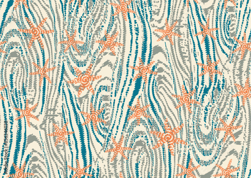 Nautical starfish seamless pattern, bright colors dopamine design in blue, red, orange, green, beige. Geometric art elements on organic shapes background for wallpaper, unisex dressing, home decor