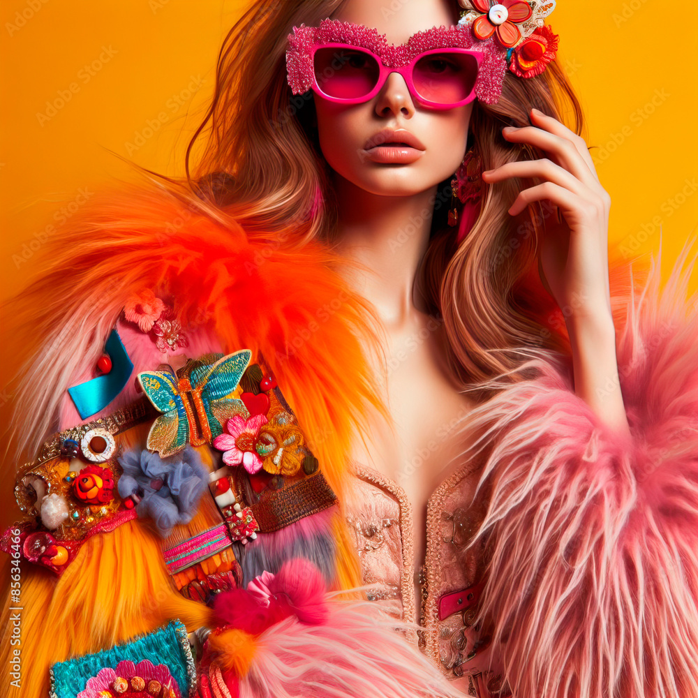 Fashion editorial concept. Full length portrait of a young woman wearing vibrant and bold couture accessories, pink sunglasses and colorful orange fur coat jacket on yellow background Fashion editorial concept. Full length portrait of a young woman wearing vibrant and bold couture accessories, pink sunglasses and colorful orange fur coat jacket on yellow background