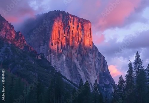 Surreal colorful picture of the El Capitan granite vertical rock at sunset with vivid colors, Yosemite, California. photo