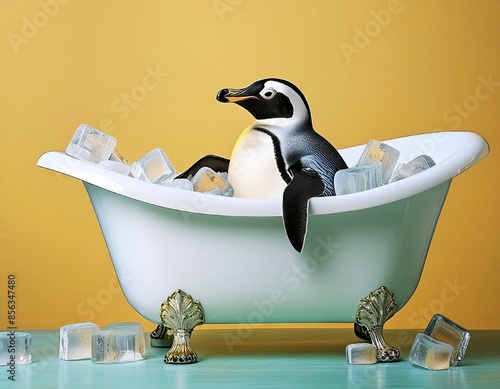Penguin sitting in claw foot bathtub with ice cubes to cool off, air conditioning concept, copy space