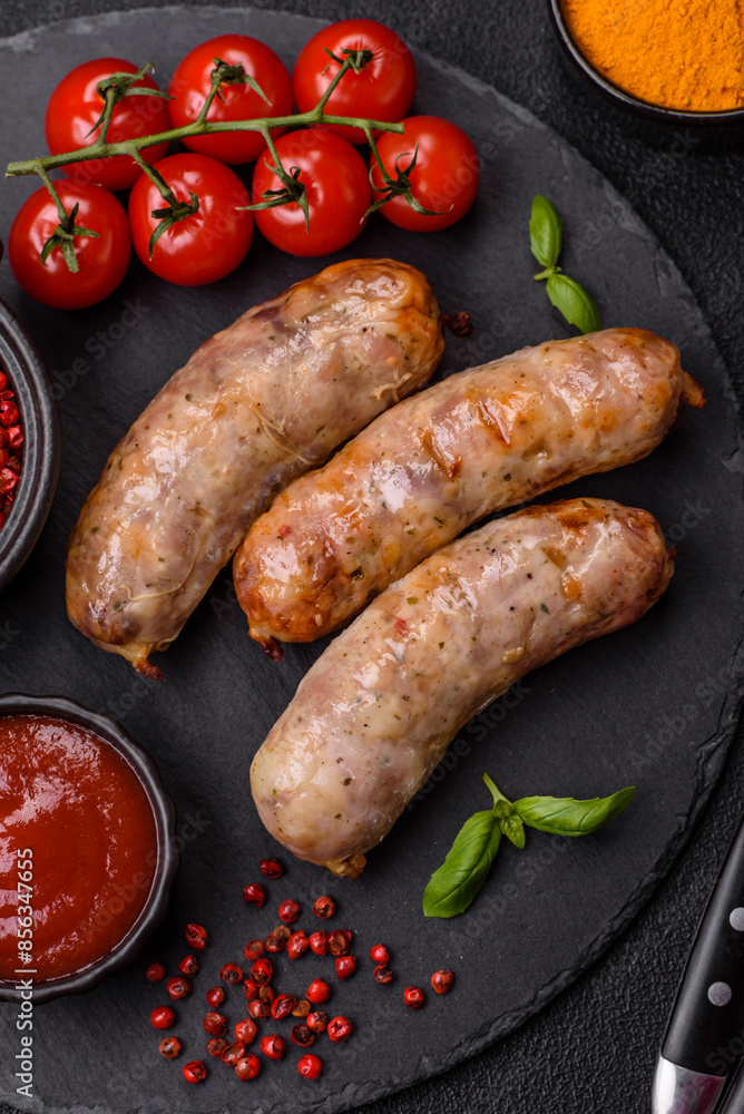 Baked chicken or pork sausages, salt, spices and herbs Baked chicken or pork sausages, salt, spices and herbs