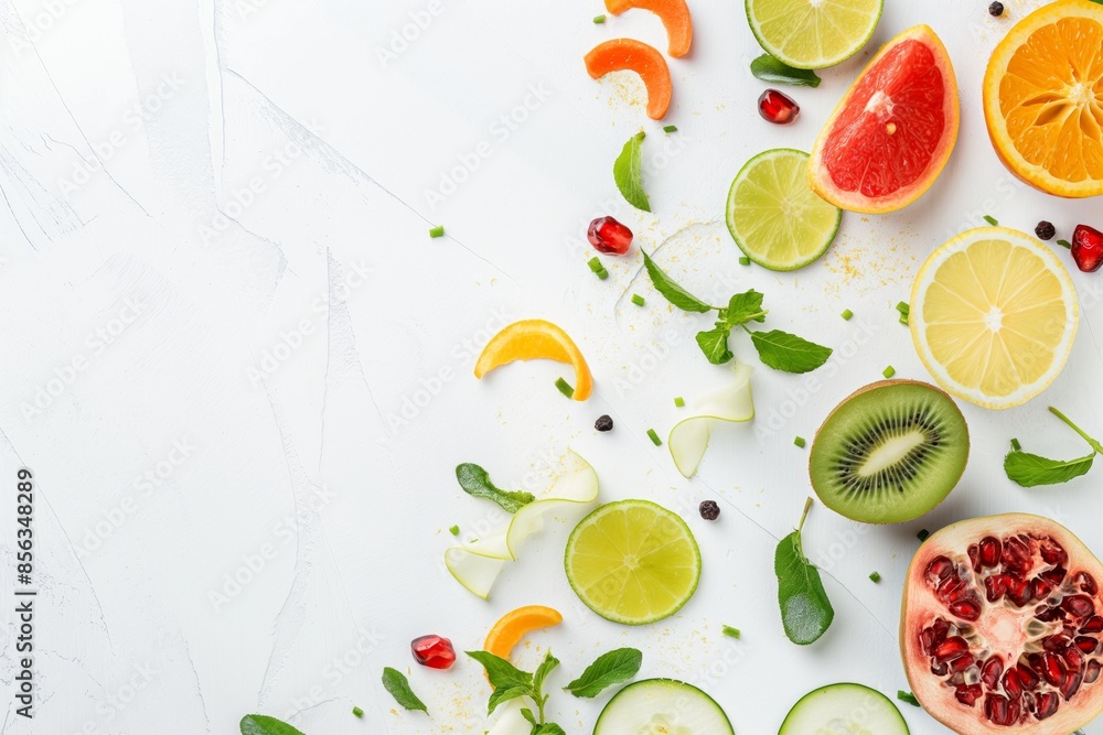 Vibrant border of fresh fruit and veggie slices on white background, perfect for a wellness message Vibrant border of fresh fruit and veggie slices on white background, perfect for a wellness message