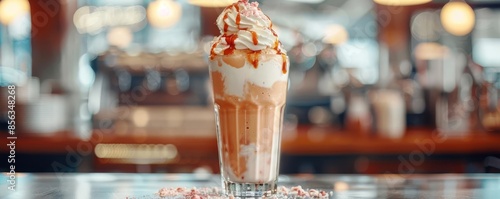 Ice Cream Float Focus on a refreshing ice cream float in a tall glass, with a diner background, empty space left for text photo