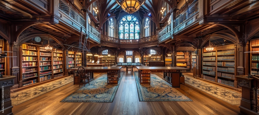 Obraz premium Prestigious University Grand Library with Elegant Reading Areas and Vast Book Collections