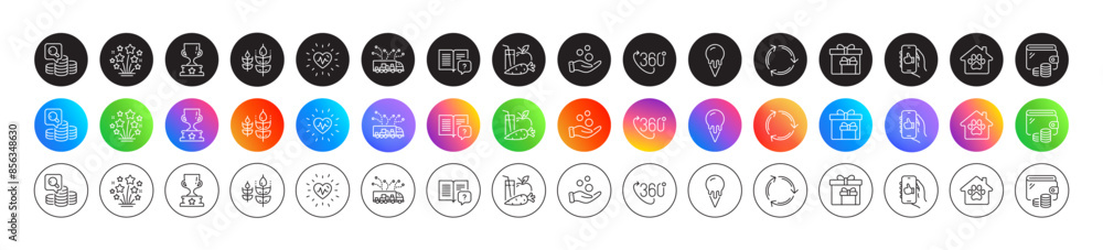 360 degree, Winner cup and Fireworks stars line icons. Round icon gradient buttons. Pack of Truck delivery, Delivery boxes, Pet shelter icon. Like app, Inspect, Wallet pictogram. Vector 360 degree, Winner cup and Fireworks stars line icons. Round icon gradient buttons. Pack of Truck delivery, Delivery boxes, Pet shelter icon. Like app, Inspect, Wallet pictogram. Vector