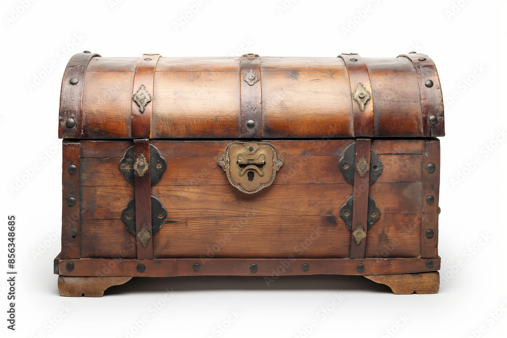 Antique wooden chest with metal accents and a hinged lid, presented isolated on a pure white background, evoking historical treasure themes Antique wooden chest with metal accents and a hinged lid, presented isolated on a pure white background, evoking historical treasure themes